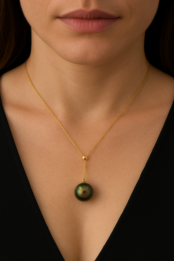 Colier Aur 18k cu Perla de Tahiti Veritabila, Rotunda, 9.3mm, calitate AAA