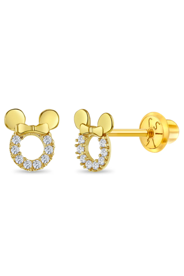 Cercei Copii din Aur 14K, in forma de Mini Mouse cu pietre albe CZ