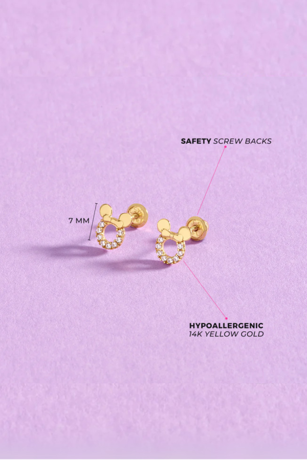 Cercei Copii din Aur 14K, in forma de Mini Mouse cu pietre albe CZ