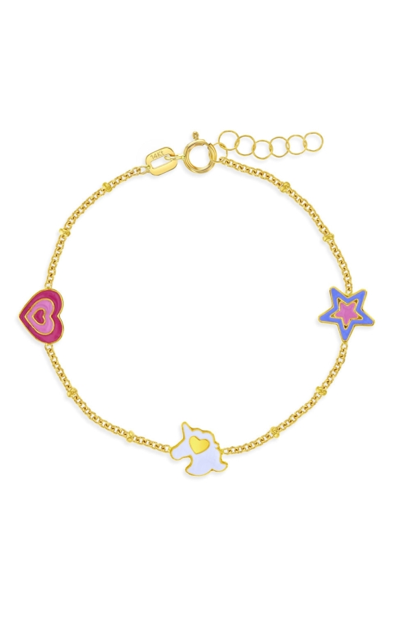 Bratara din Aur 14k cu Charm-uri Unicorn,Stea si Inima cu Email Colorat, pentru Bebelusi si Fetite