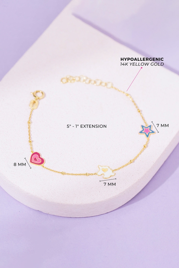 Bratara din Aur 14k cu Charm-uri Unicorn,Stea si Inima cu Email Colorat, pentru Bebelusi si Fetite