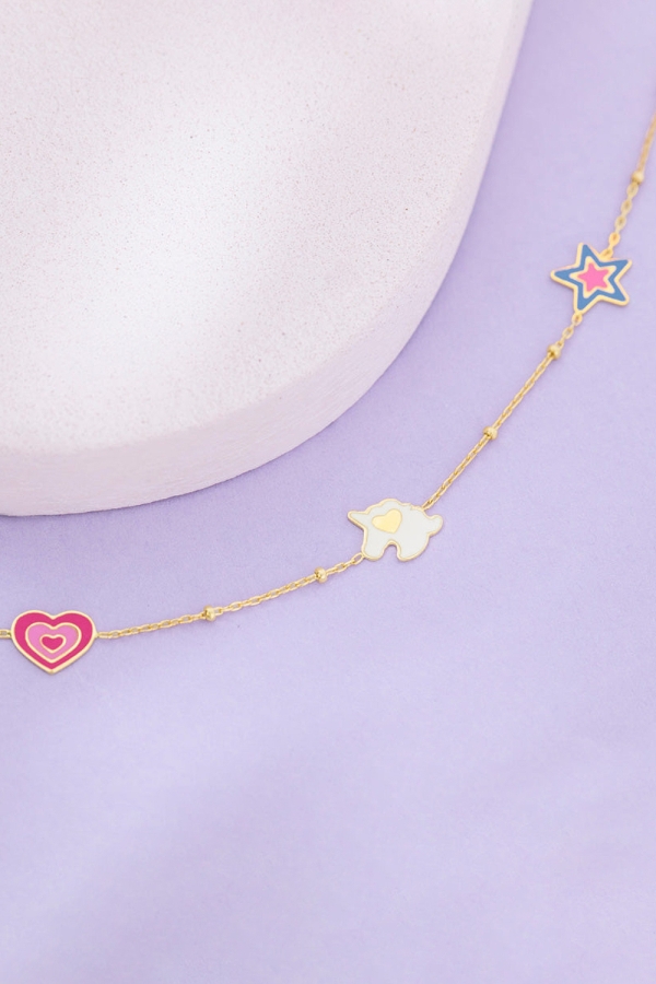 Bratara din Aur 14k cu Charm-uri Unicorn,Stea si Inima cu Email Colorat, pentru Bebelusi si Fetite