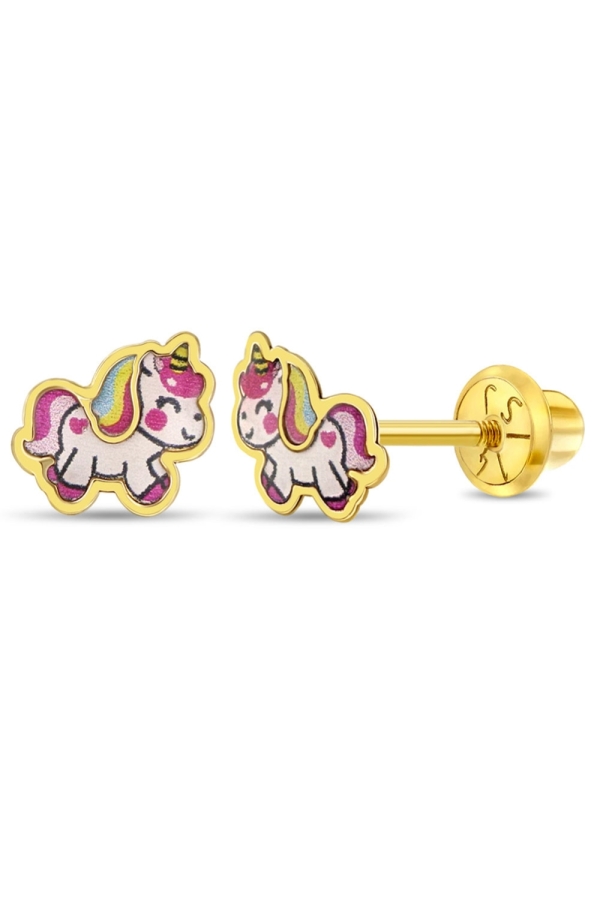 Cercei din Aur 14k in forma Unicorn cu Email Multicolor pentru Copii – Inchidere Sigura cu Surub