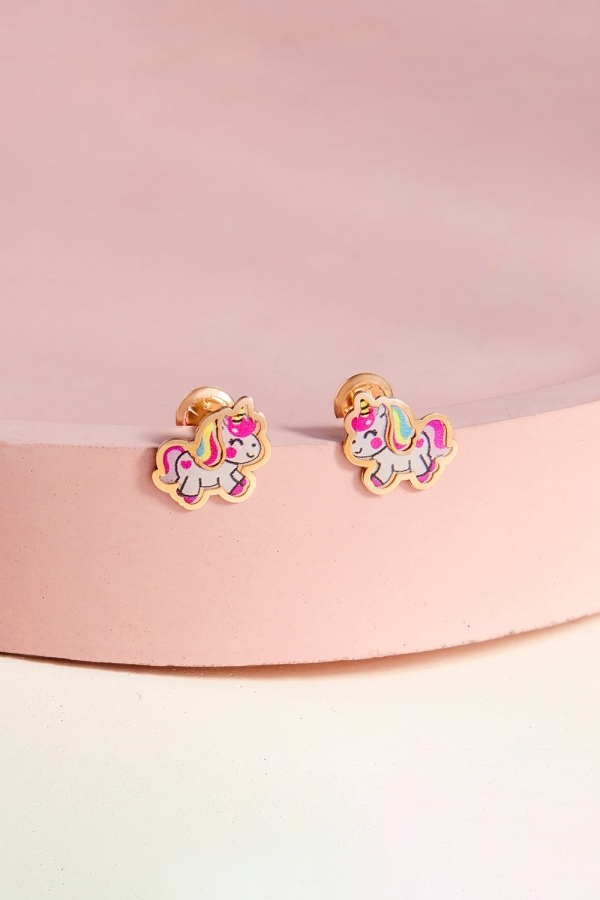 Cercei din Aur 14k in forma Unicorn cu Email Multicolor pentru Copii – Inchidere Sigura cu Surub