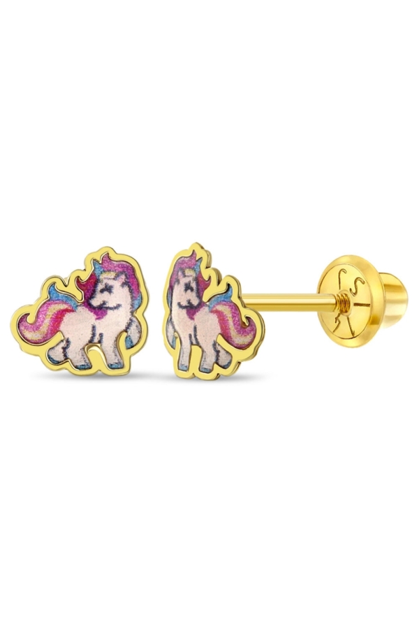 Cercei din Aur 14k  Unicorn in Galop si Email Colorat – Inchidere Sigura cu Surub