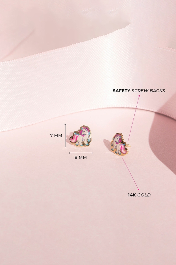 Cercei din Aur 14k  Unicorn in Galop si Email Colorat – Inchidere Sigura cu Surub