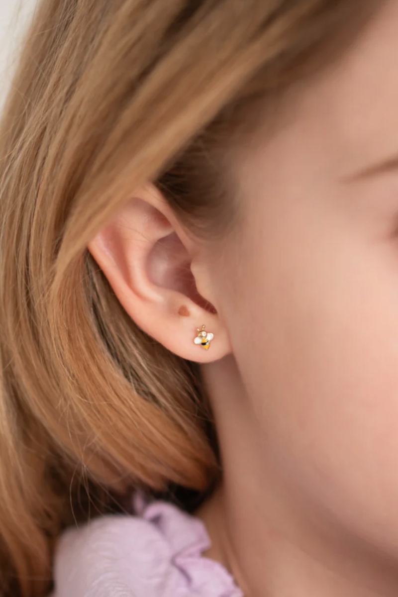 Cercei din Aur 14K pentru Bebelusi, model Albinute Email, inchidere cu Filet si Protectie