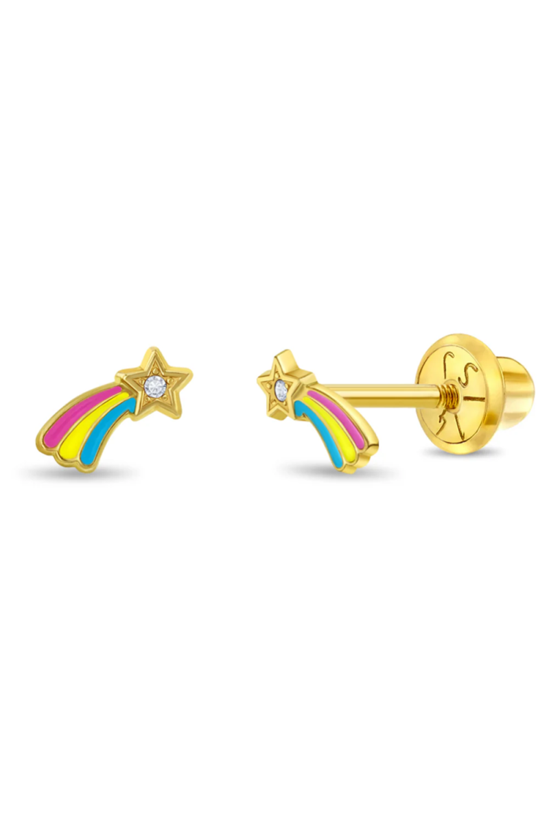 Cercei din Aur 14K pentru Bebelusi si Copii, model Stea Cazatoare cu Email, inchidere cu Filet si Protectie