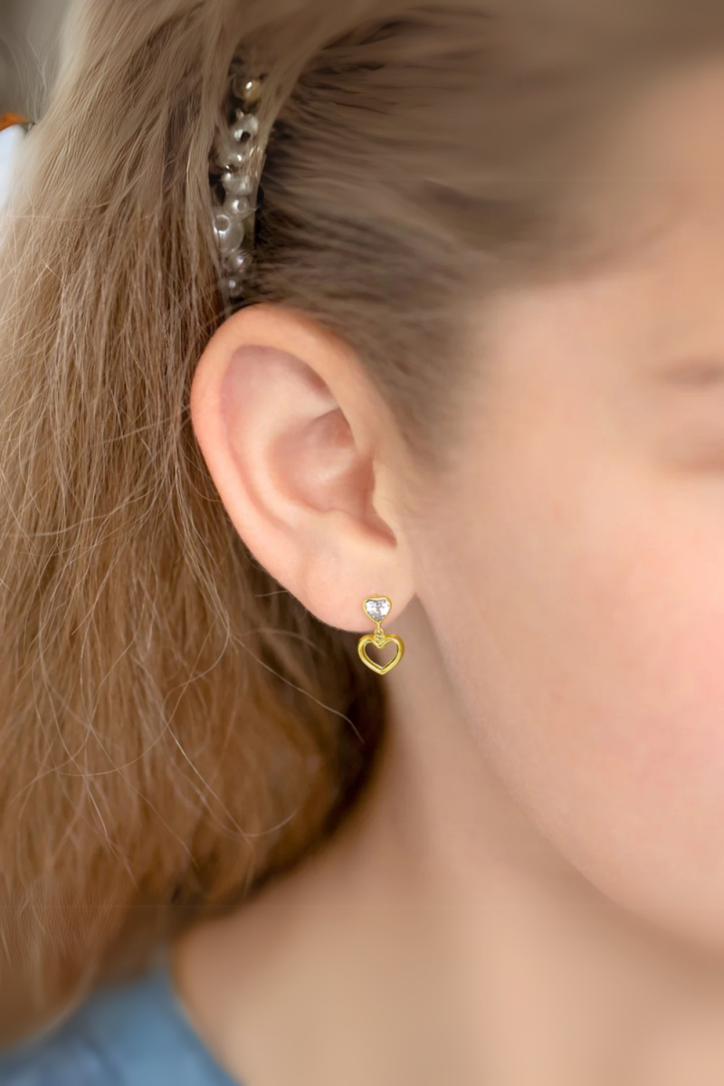 Cercei din Aur 14K pentru Adolescente, model Heart to Heart Dangle, inchidere cu Fluturas
