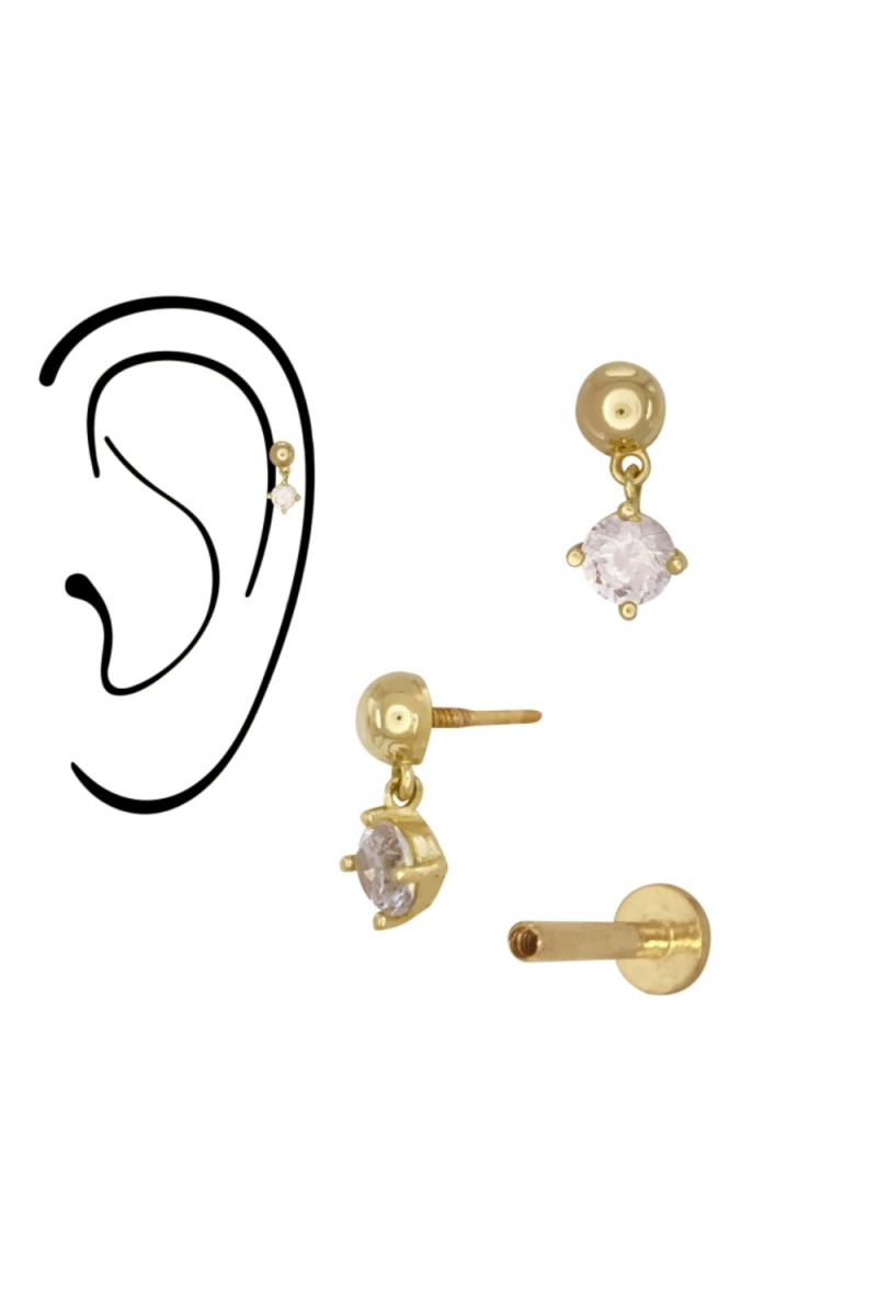 Piercing din Aur 14K, model Bila Semisfera 3mm cu Charm Mobil CZ, Filet Intern, Spate Plat