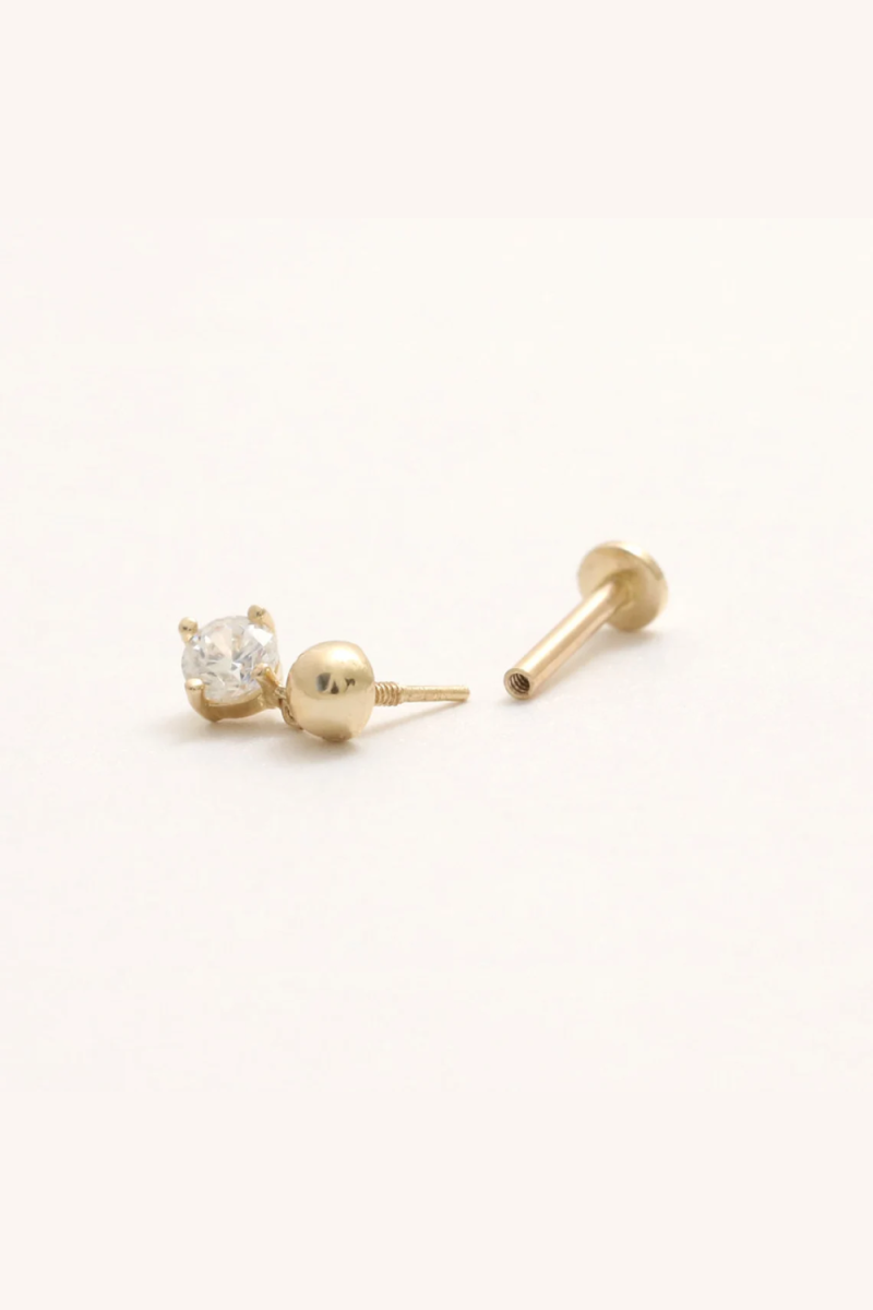 Piercing din Aur 14K, model Bila Semisfera 3mm cu Charm Mobil CZ, Filet Intern, Spate Plat