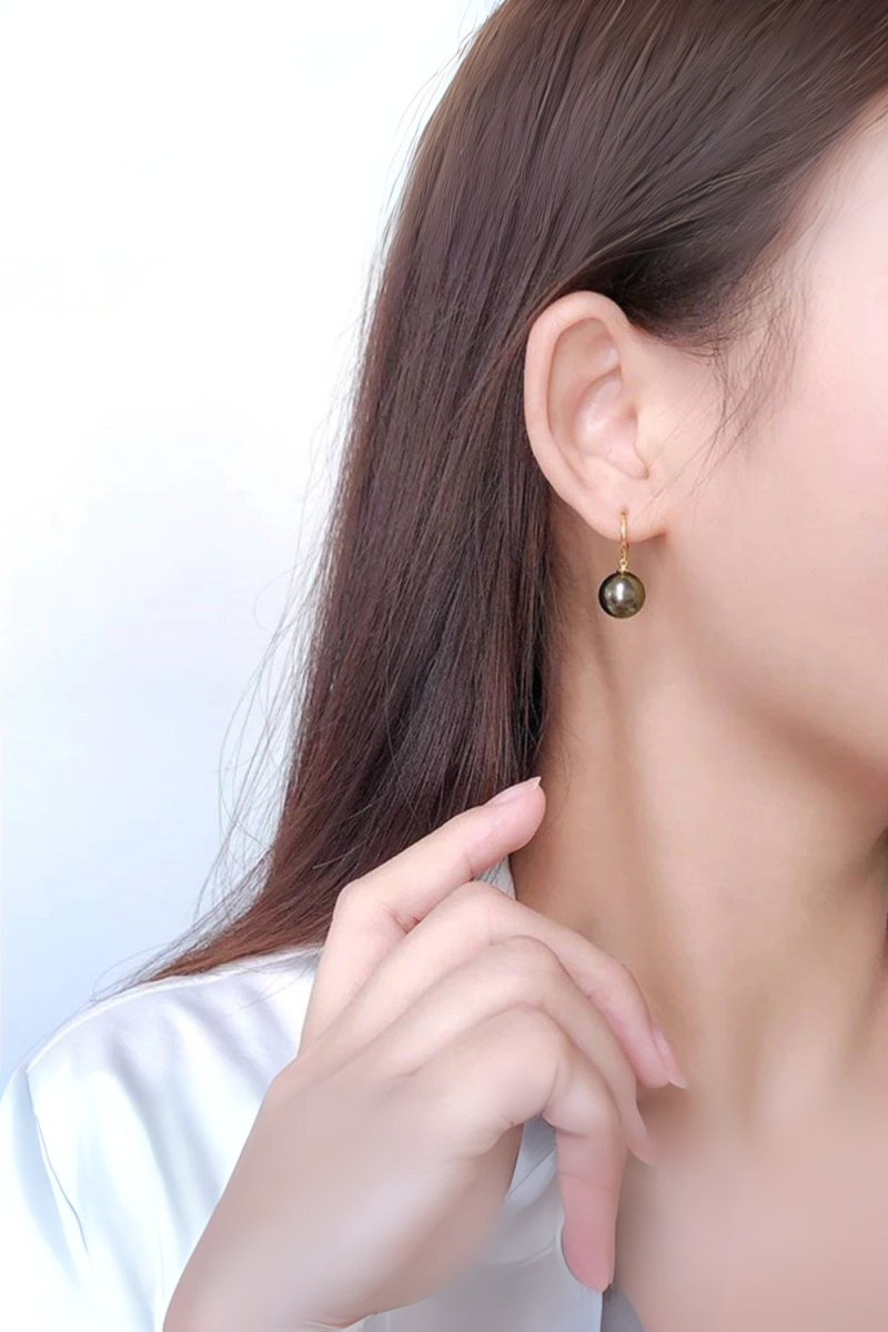Pereche Cercei din Aur 14k cu Perle de Tahiti Autentice, Semi-Rotunde, 10mm, calitate AA