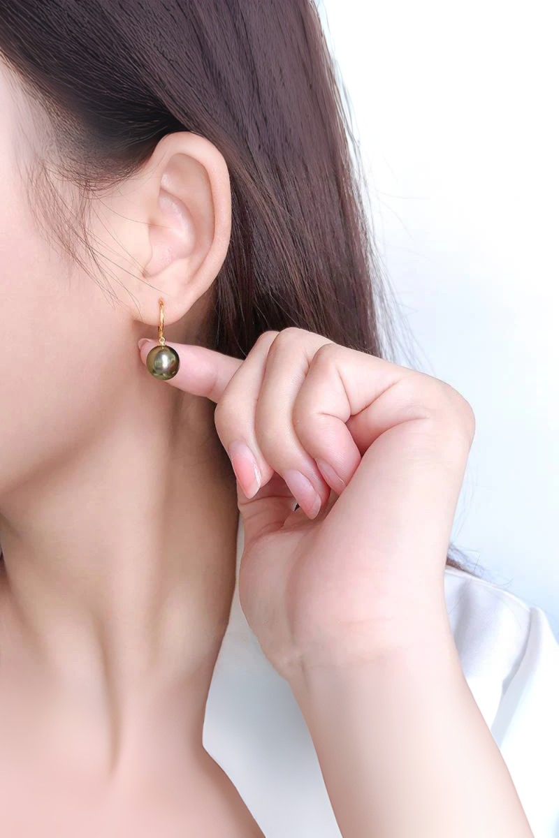 Pereche Cercei din Aur 14k cu Perle de Tahiti Autentice, Semi-Rotunde, 10mm, calitate AA