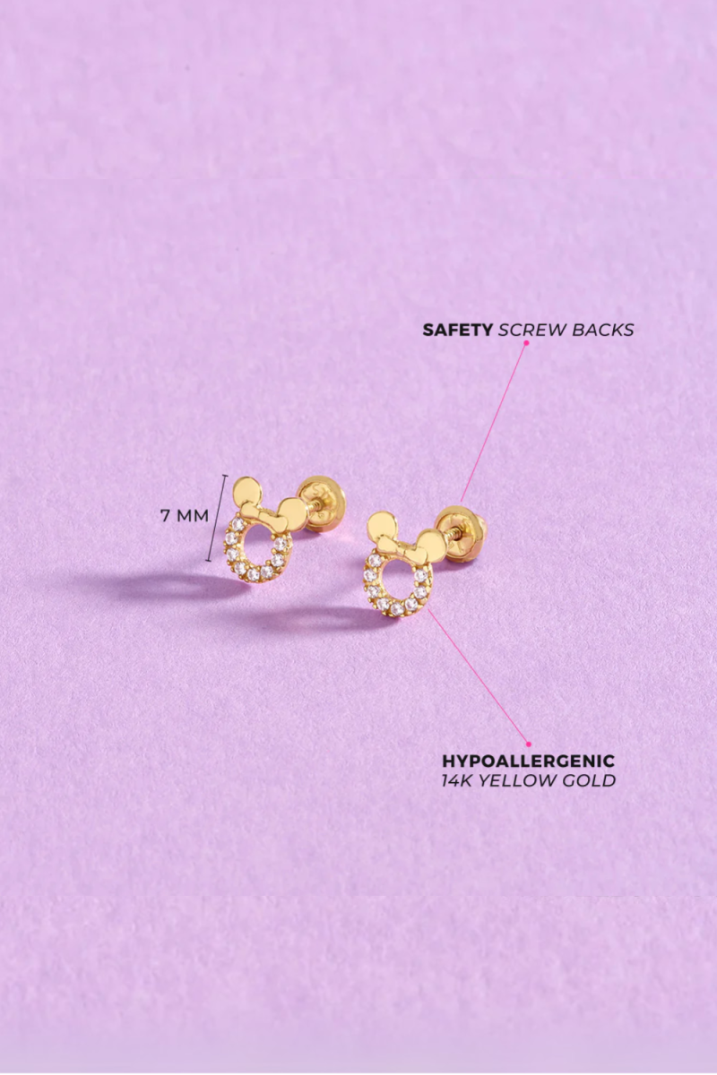 Cercei Copii din Aur 14K, in forma de Mini Mouse cu pietre albe CZ
