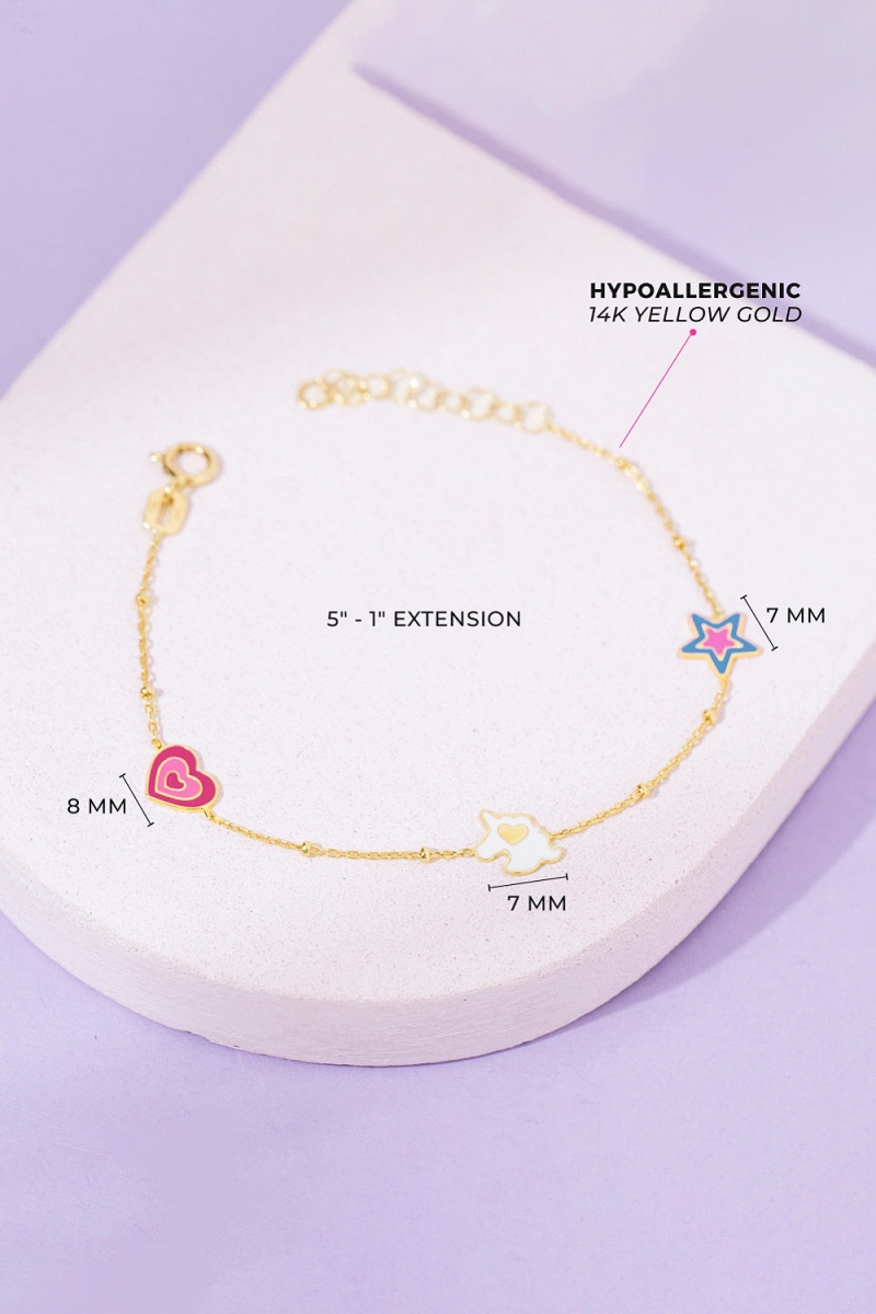 Bratara din Aur 14k cu Charm-uri Unicorn,Stea si Inima cu Email Colorat, pentru Bebelusi si Fetite