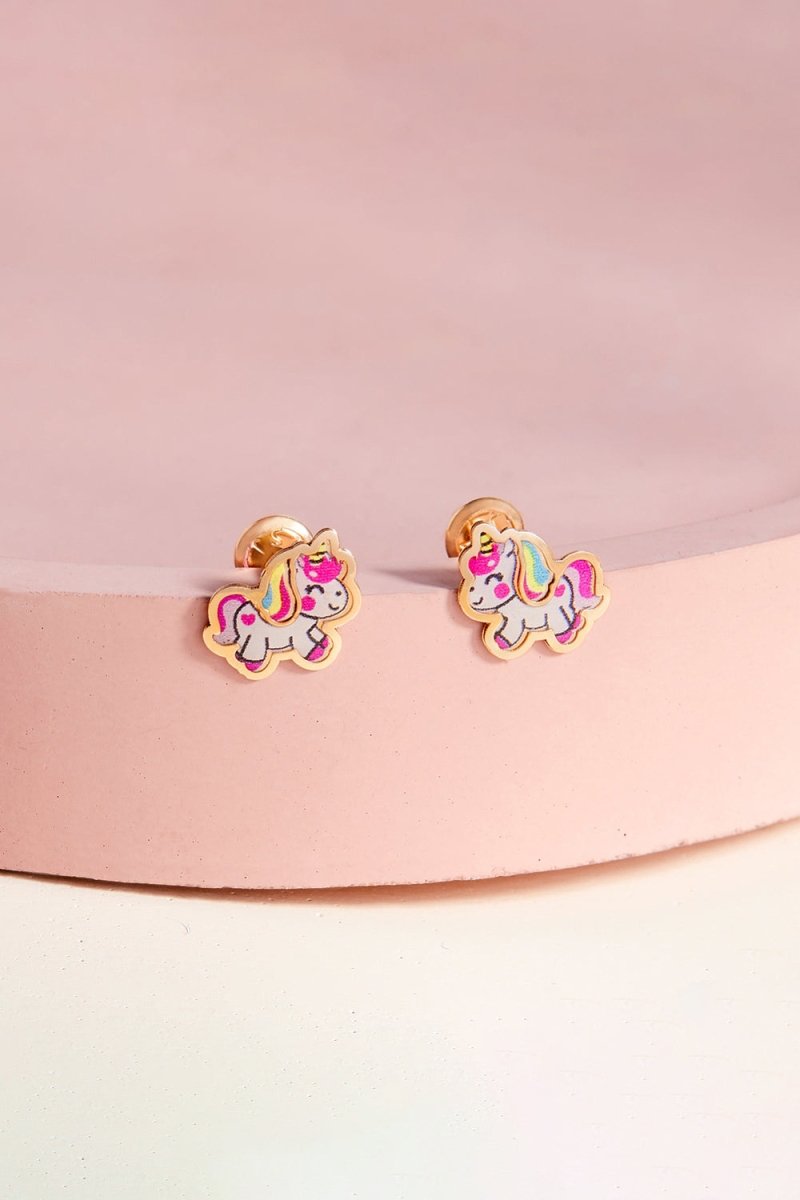 Cercei din Aur 14k in forma Unicorn cu Email Multicolor pentru Copii – Inchidere Sigura cu Surub